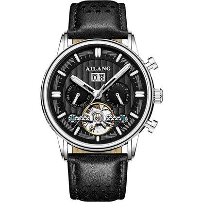 Black wristwatch with silver case and black leather strap on a white background