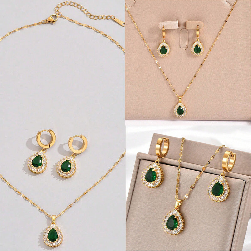 Gold-tone jade green teardrop pendant necklace with matching hoop drop earrings