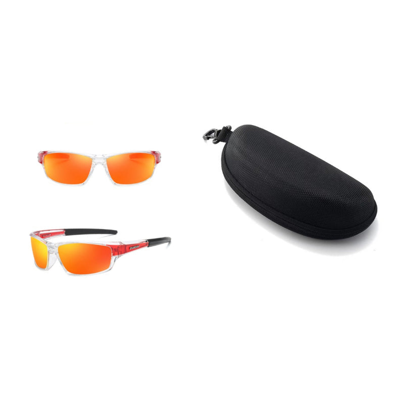 Polarized sports sunglasses with orange mirrored lenses, orange frame accents, with case