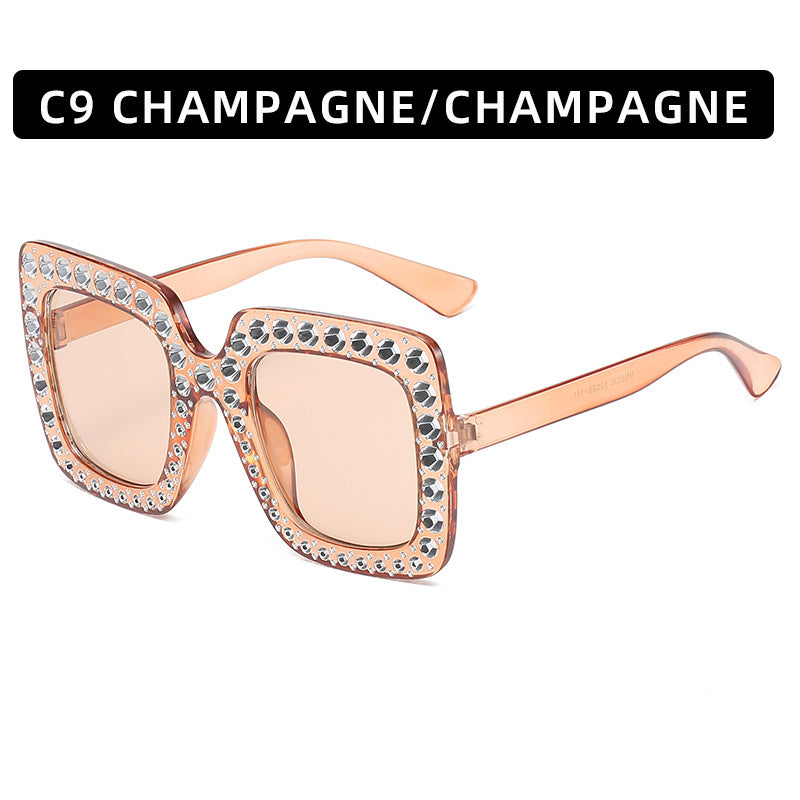 Square rhinestone sunglasses with champagne frame and champagne tinted lenses