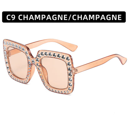 Square rhinestone sunglasses with champagne frame and champagne tinted lenses