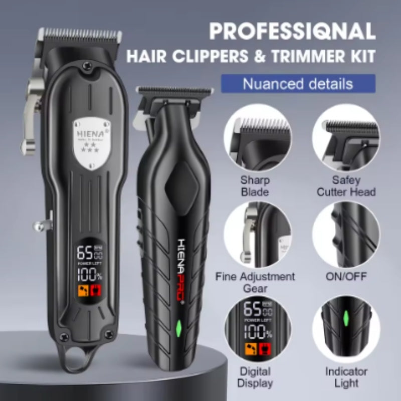 Black professional hair clipper and trimmer kit with adjustable cutting heads