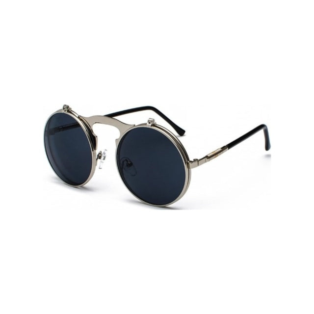 Round flip-up sunglasses with silver frame and dark tinted lenses