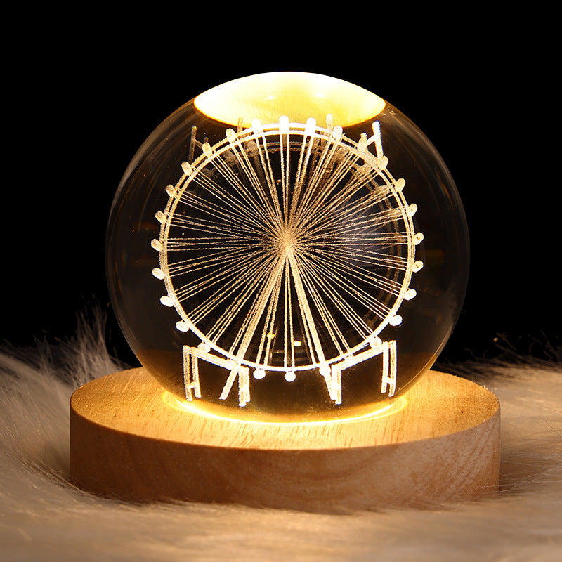 LED crystal ball night lamp with Ferris wheel light design on wooden base