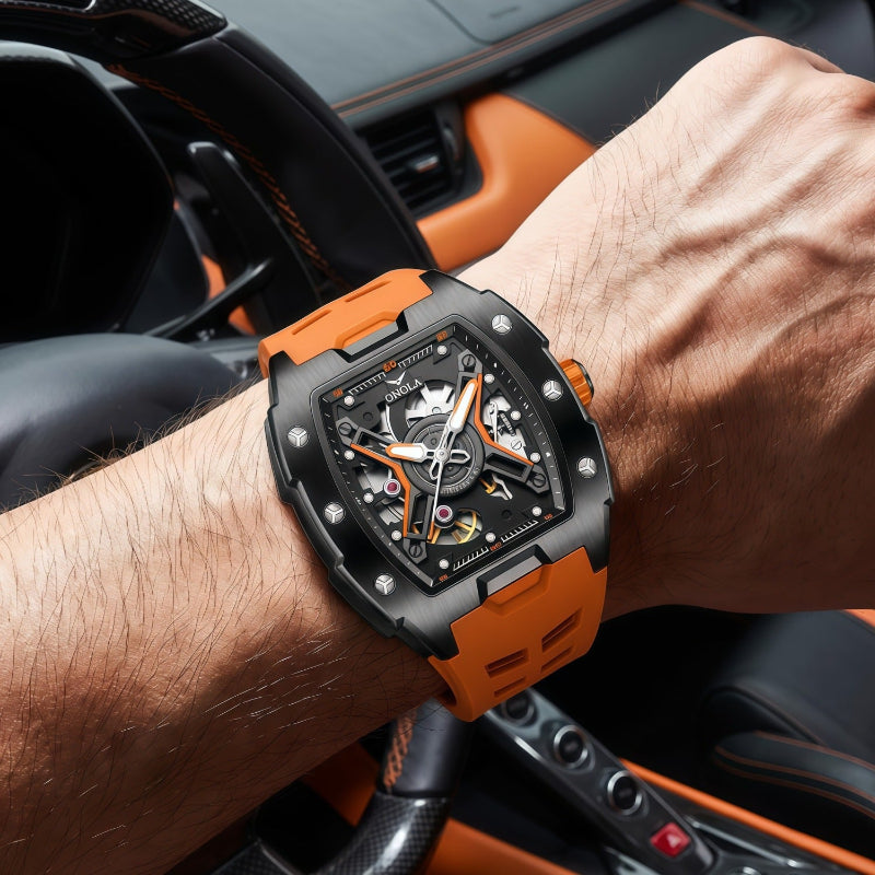 Men's sporty automatic mechanical watch with orange silicone strap and black dial