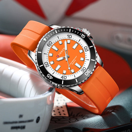 CURREN quartz watch with orange dial and strap, white minute ring and black bezel