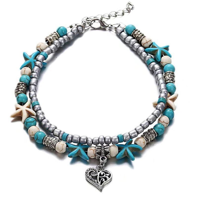 Turquoise and silver beaded anklet with starfish charms and heart pendant charm