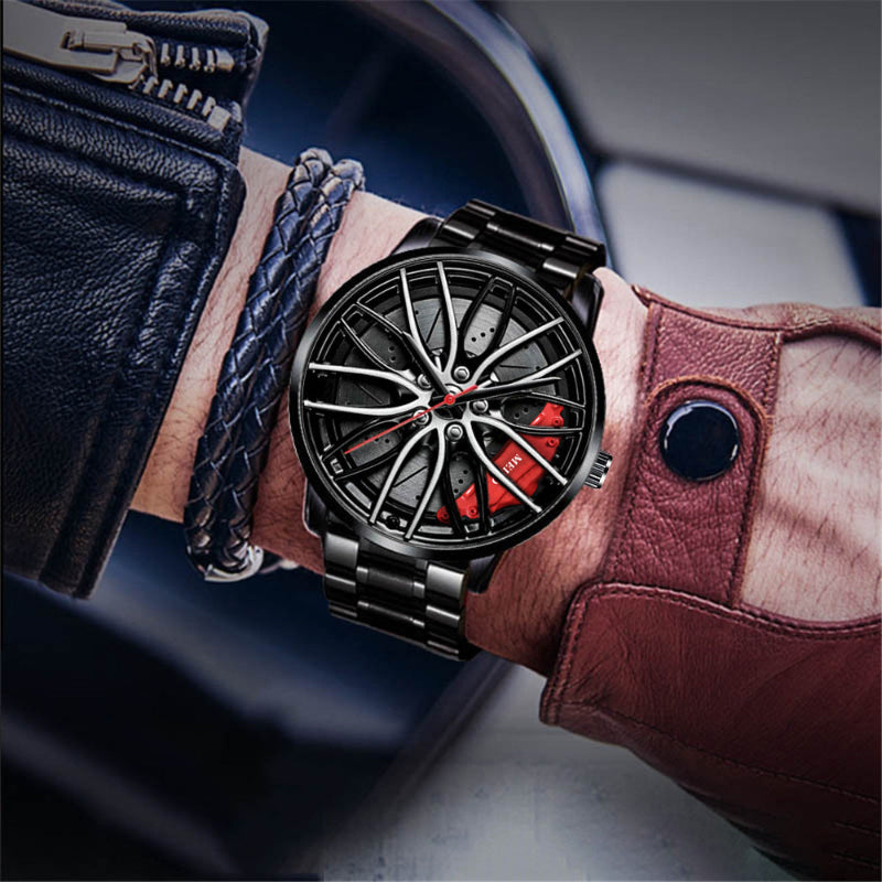 Black men’s quartz wristwatch with dark leather strap; racing wheel dial with red accents