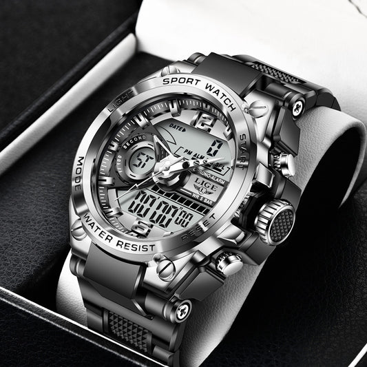 Men's dual-display quartz watch with black strap and silver-tone round case, visible dial