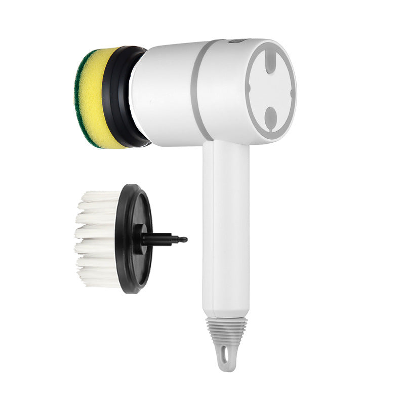 White electric cleaning brush with sponge pad and nylon bristle head