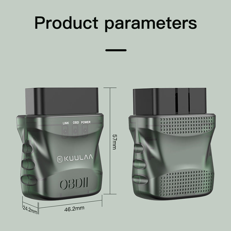 KUULAA OBDII diagnostic tool with dimensions on a light gray background. YAXSO STORE 