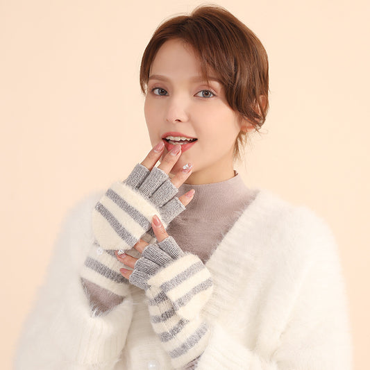 Knit flip half-finger gloves with gray-and-cream striped sleeves and fuzzy cuff