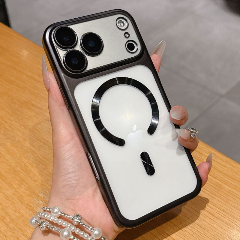 Phone case with a unique design held by a hand on a wooden surface