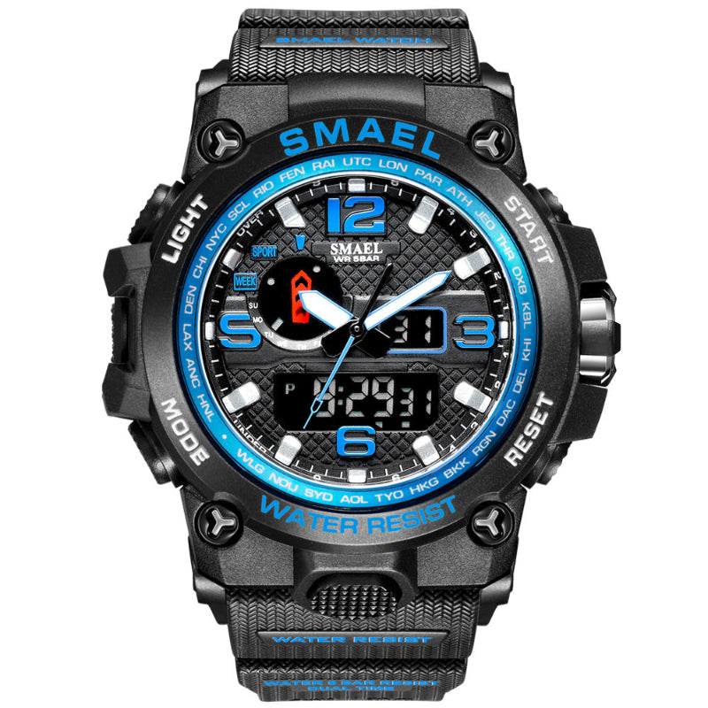 Men's sports alarm wristwatch with black case and black/blue strap accents, digital display