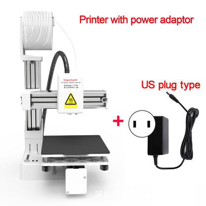 3D printer with power adapter on a white background