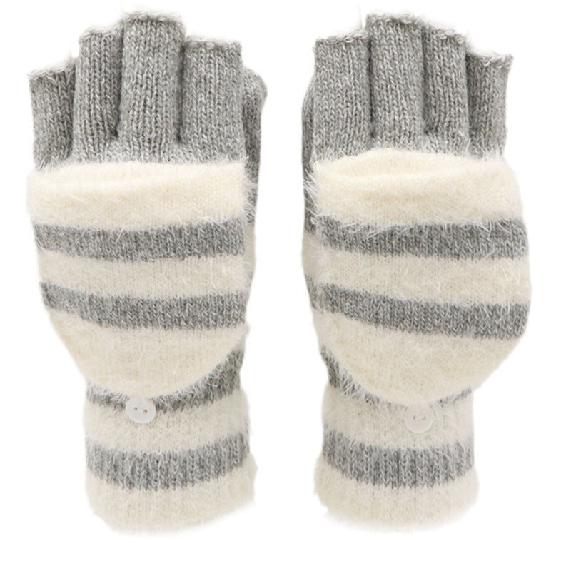 Pair of gray and white striped fingerless gloves on a white background
