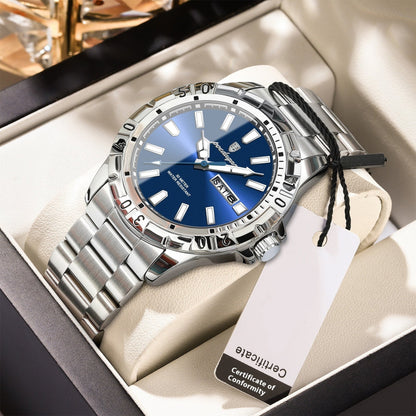 Silver watch with blue face in a box, featuring a certificate of conformity tag.