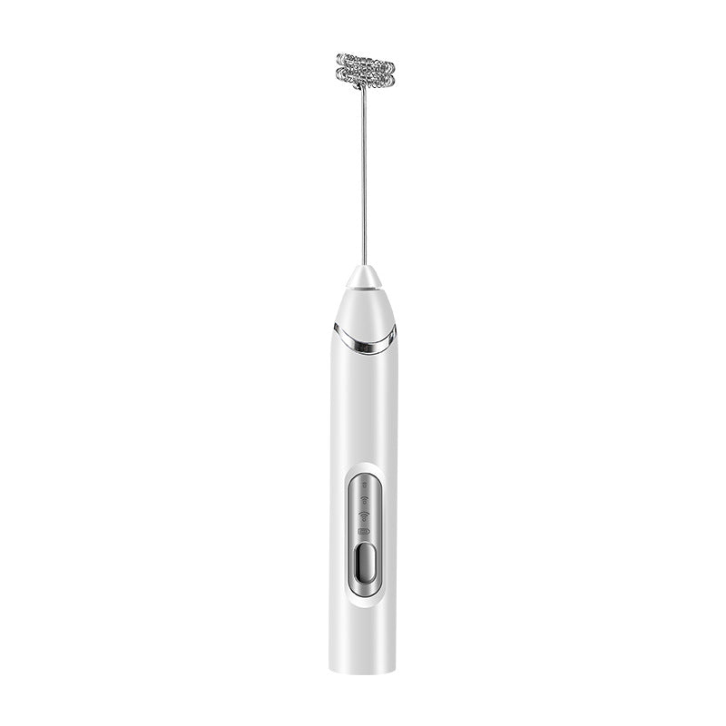 White handheld electric milk frother with whisk rod attachment