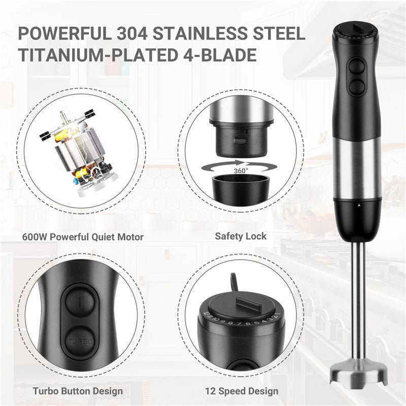 Handheld immersion blender with black top controls and stainless steel blending shaft.