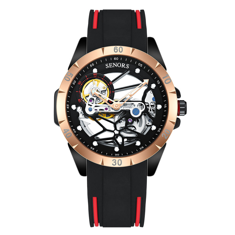 Rose-gold skeleton men's watch with red bezel, black silicone strap; exposed gears