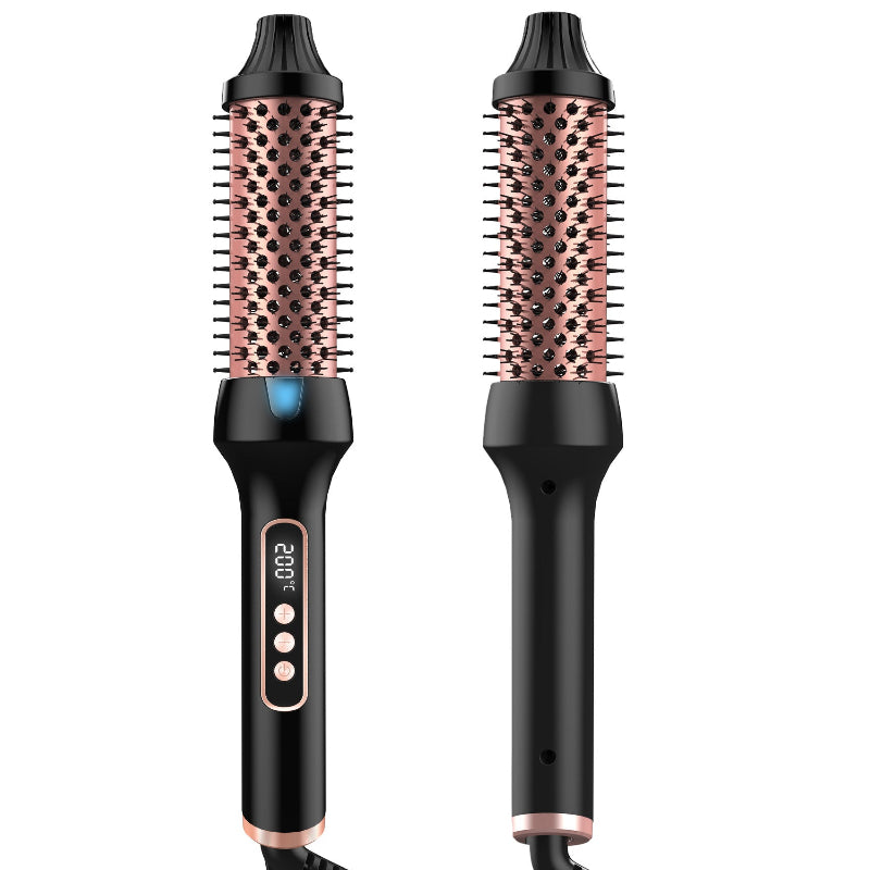 Two heated hair styling brush tools with pink bristle barrels, black handles, rose-gold tips.