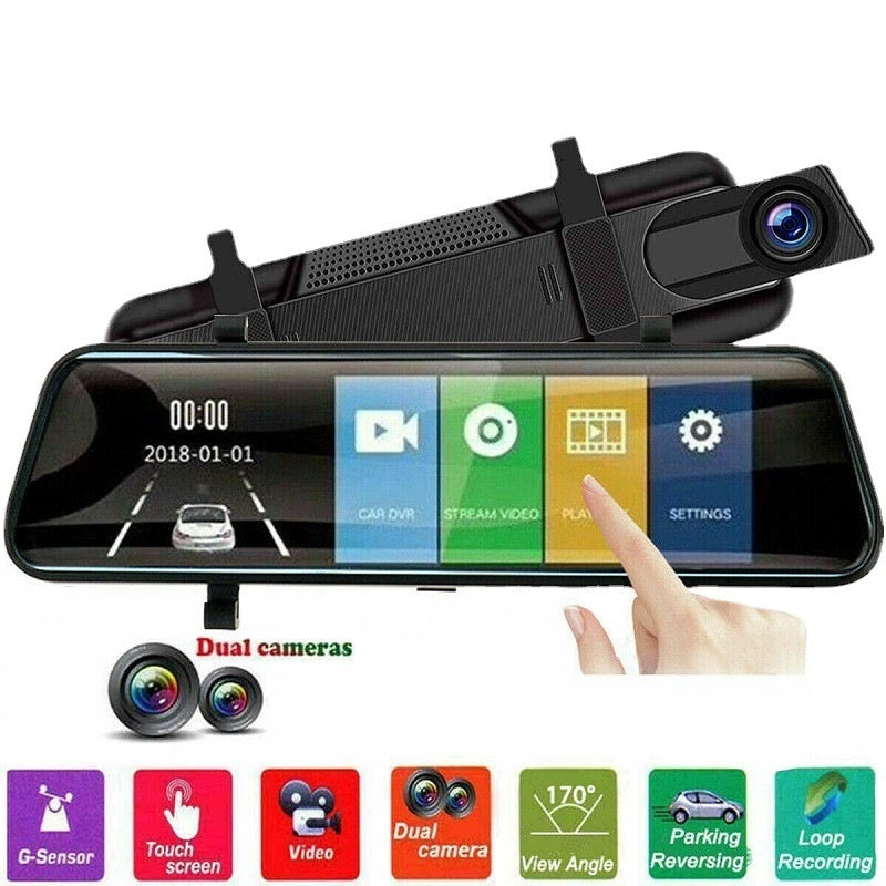 Rearview mirror dash cam with dual lenses and touchscreen display