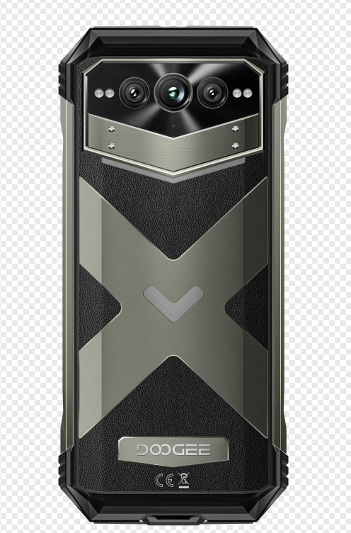 Back view of a Doogee smartphone with a rugged design on a transparent background