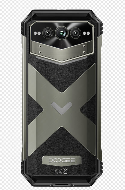 Back view of a Doogee smartphone with a rugged design on a transparent background