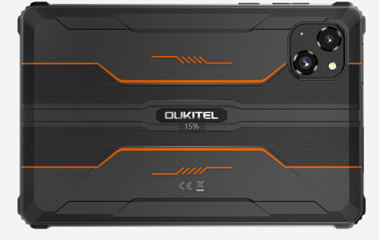 Back view of a black and orange rugged case with OUKITEL branding on a white background