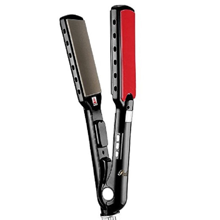 Black and red hair straightener on a white background