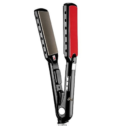 Black and red hair straightener on a white background