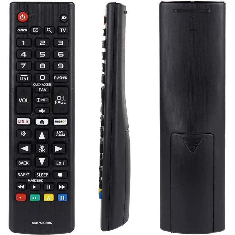 Black electronic remote control with various buttons on a white background