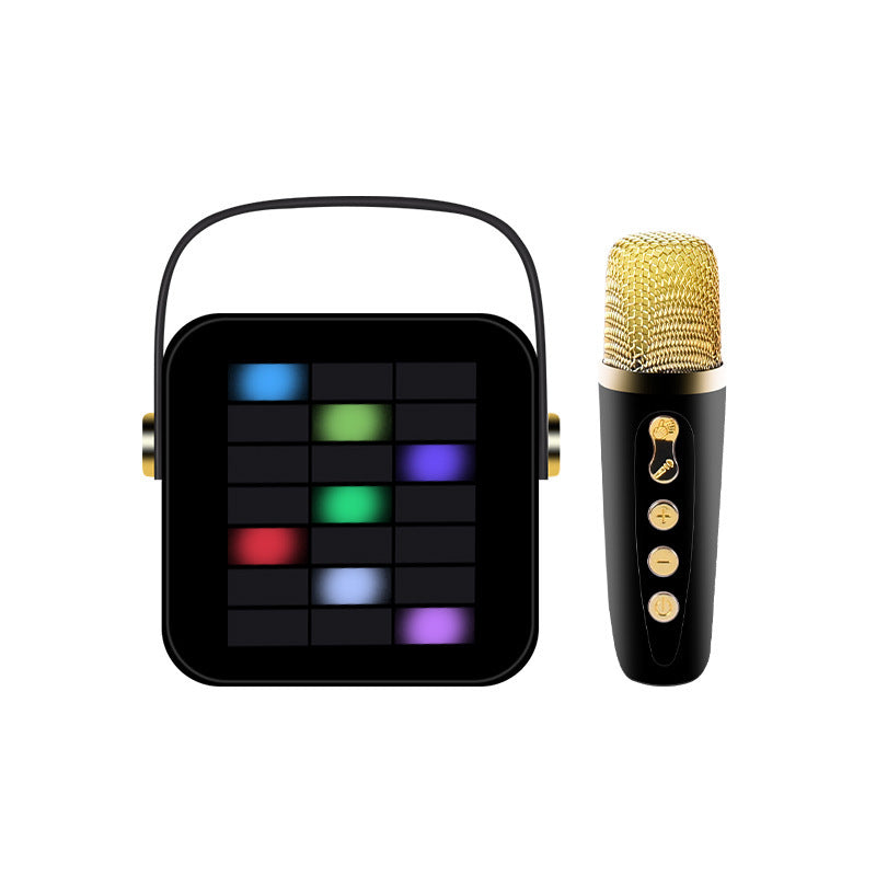 Portable speaker with LED display and black mesh handheld microphone