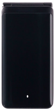 Black flip phone on a white background