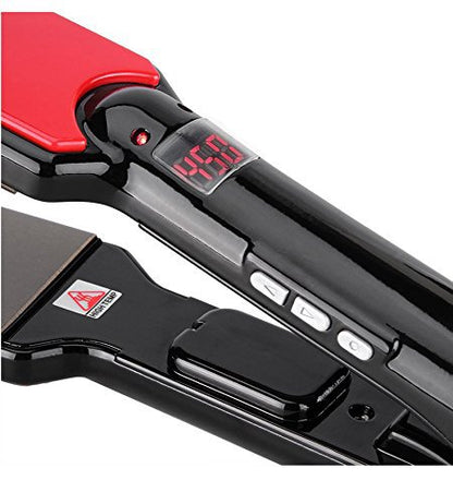 Black hair straightener with digital display and red accents on a white background