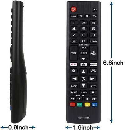 Black remote control with labeled dimensions on a white background