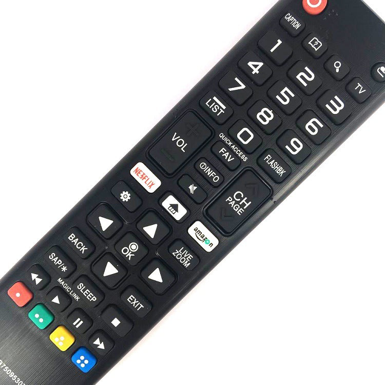 Black remote control with various buttons on a white background