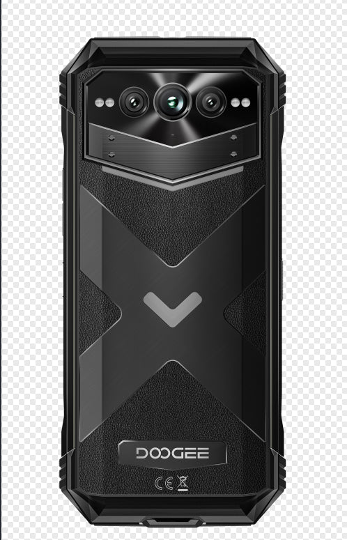 Black rugged phone with DOOGEE branding on a transparent background