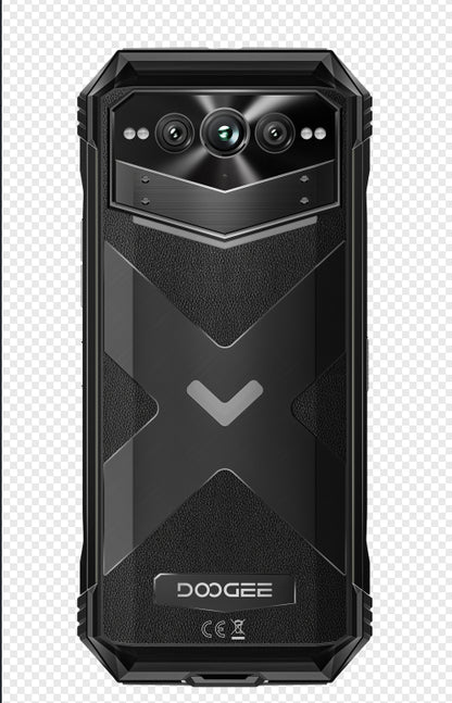 Black rugged phone with DOOGEE branding on a transparent background