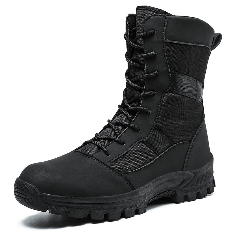 Black lace-up tactical combat boots with thick treaded rubber sole and ankle padding