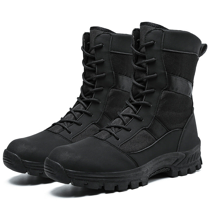High-top tactical combat boots in black with lace-up front and padded side panels
