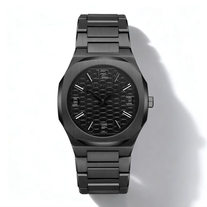 Black watch with a textured face on a white background