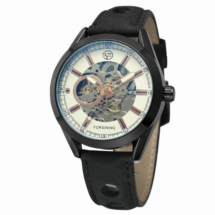Skeleton mechanical watch with black leather strap, black case and silver open-work dial