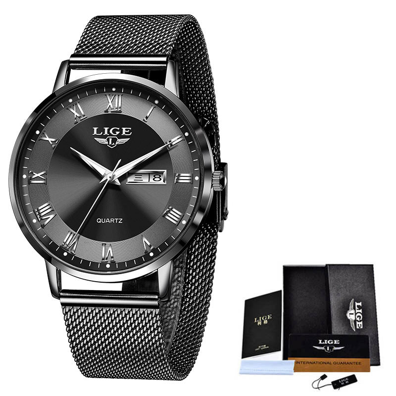 Men's quartz watch with black mesh strap and black dial, day-date window