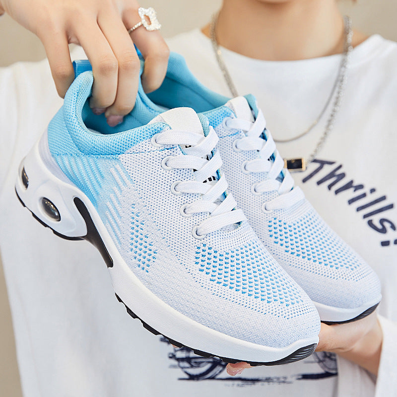 Breathable flyknit running shoe, light blue and white lace-up with air-cushion sole