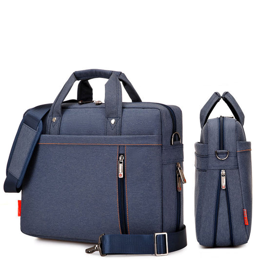 Blue backpack with multiple compartments and zippers on a white background