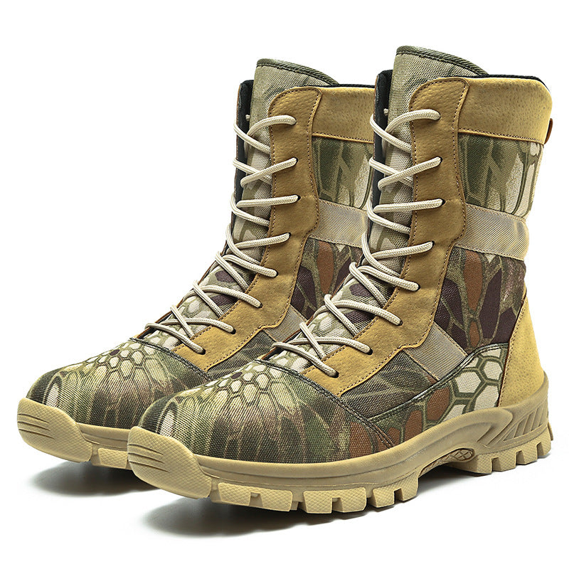 Tactical combat boots, high-top camouflage with tan laces and padded ankle collar