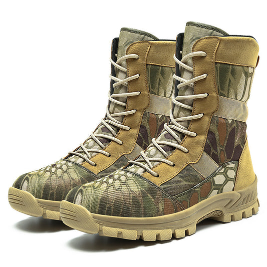 Camouflage boots with white laces on a white background