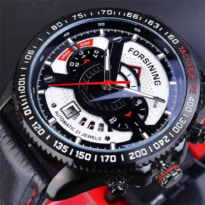 Close-up of a Forsining watch with detailed face and red accents on a dark background