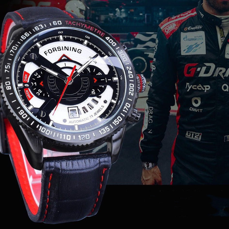 Close-up of a detailed watch with a racing theme, featuring the brand 'ForSining'.